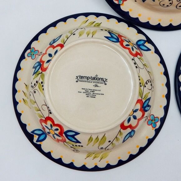 Temptations By Tara Capri Pasta Bowl Blue Wide-Rimmed 9 In Floral .5 Qt Set Of 3 - Picture 7 of 9